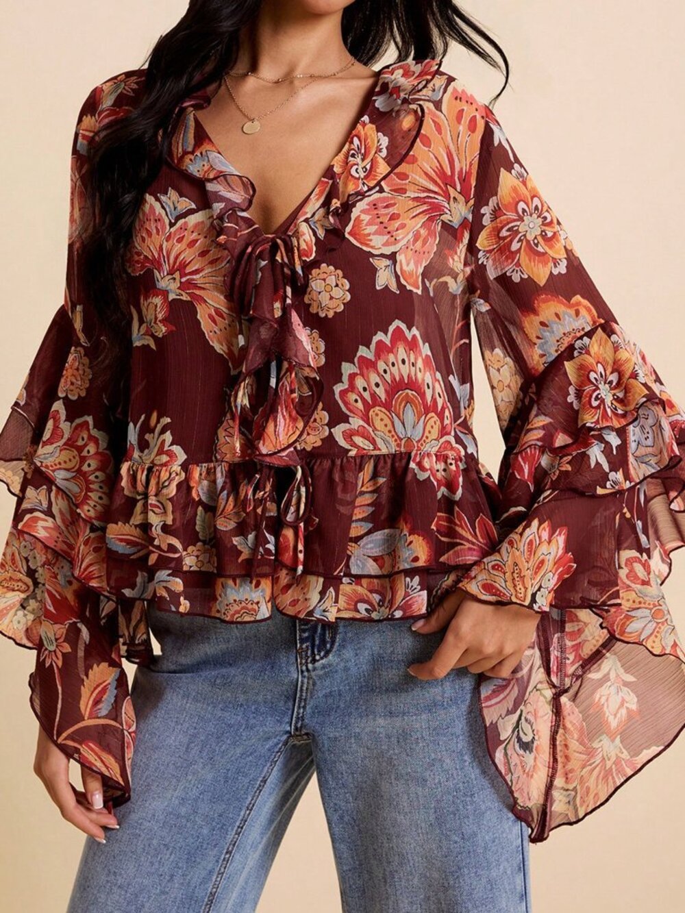 Multicolor Boho Women's V-Neck Long Sleeve Blouse with Ruffle Asymmetrical Hem - Picture 4 of 9